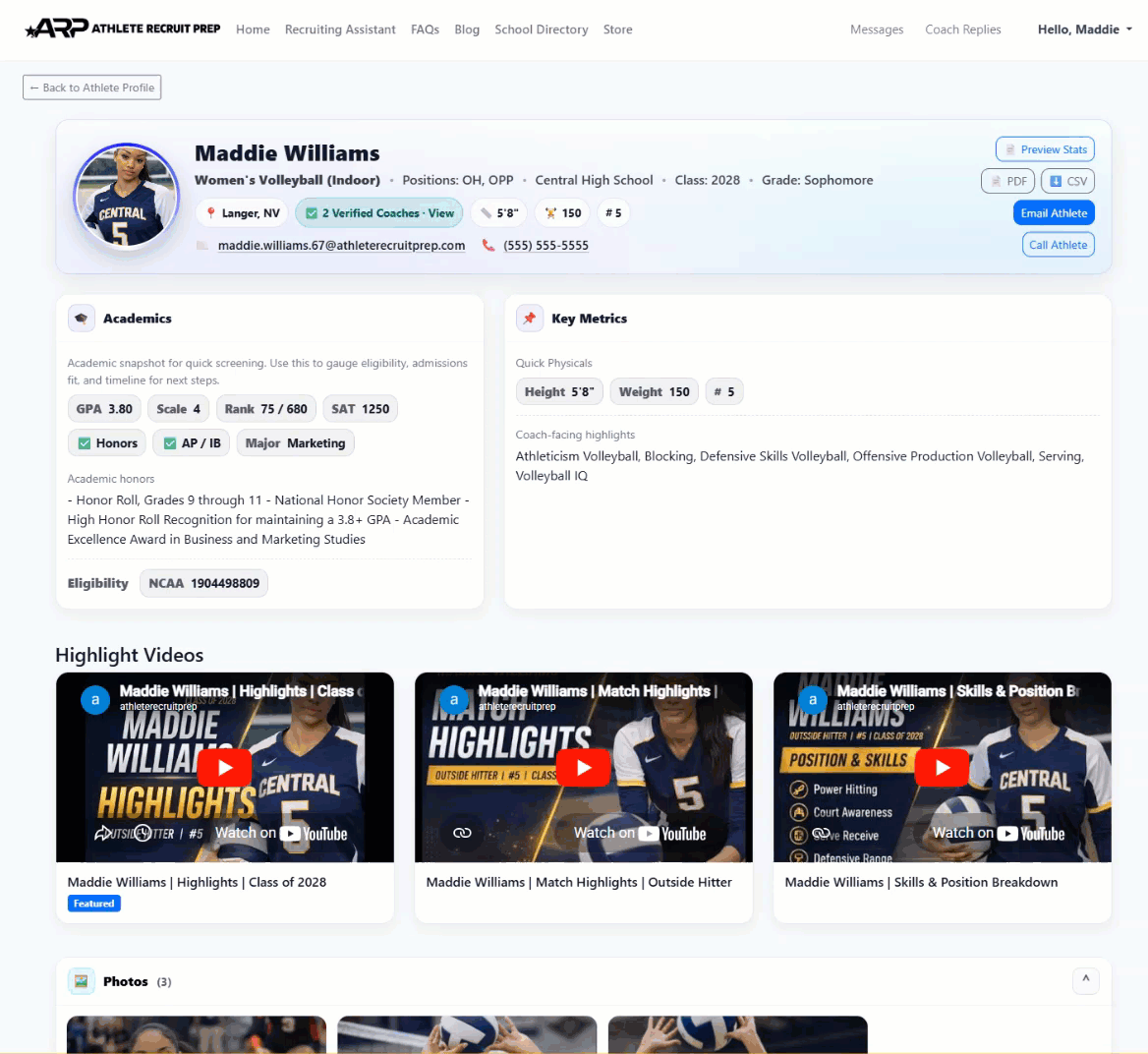 Maddie Williams — Women's Volleyball athlete profile demo showing highlights, academics, key metrics and verified coaches